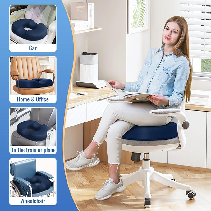 CloudBliss Donut Pillow Seat Cushion for Tailbone Pain Relief and Hemorrhoids, Memory Foam Seat Chair Cushion for Postpartum Pregnancy, Seat Cushions for Men and Women for Home & Office, (Blue-XL)-DeskLoop Office