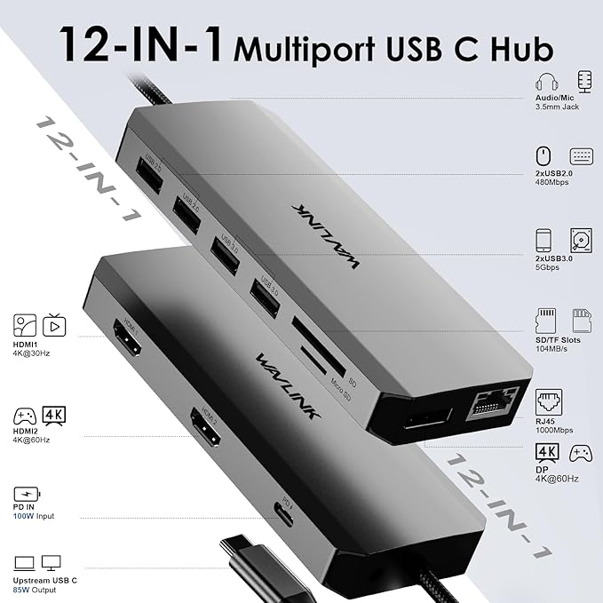 WAVLINK USB C Docking Station Dual Monitor, USB-C Hub Laptop Triple Display with 2 HDMI,DisplayPort, 100W PD Charging, Ethernet, 5 USB, SD/TF Read, Audio for MacBook Dell HP Lenovo Surface, Grey-DeskLoop Office