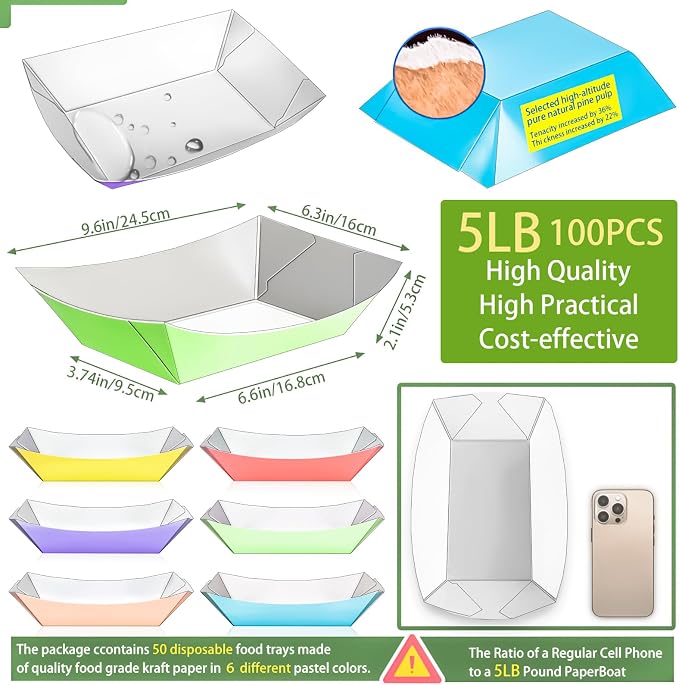 100 Pack Extra Large 5Lb Paper Food Boat Trays Disposable Paper Boat Containers - Image 2