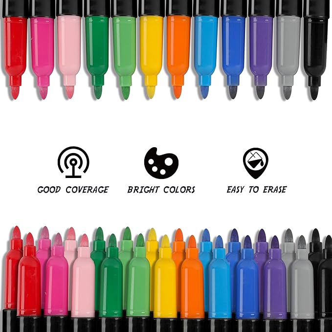 Dabo&Shobo Wet Erase Markers, 36-Count Smudge-Free, 12 Colors Fine Tip, Erases with Water! Low Odor Markers for Office, School & Home-DeskLoop Office