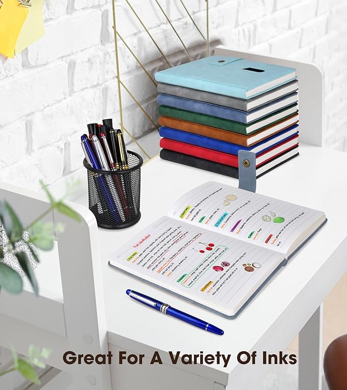 Blue A5 Lined Leather Journal Notebook for Men Women,5.9" X 8.4" Personalized Hardcover Journal with Pen,200 Pages 100 Gsm Thick Ruled Paper Daily Diary for Travel,Business,Work,Writing-DeskLoop Office