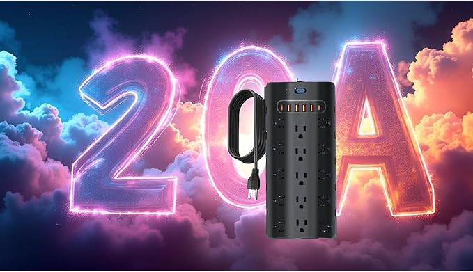 20 Amp Power Strip Surge Protector,Heavy Duty 12 Gauge 6.5 ft Extension Cord,25 AC Outlets,6 Fast USB Ports,4000 Joules,2500W/125V,Office Workshop Household Garage Black,Insurance Coverage.-DeskLoop Office