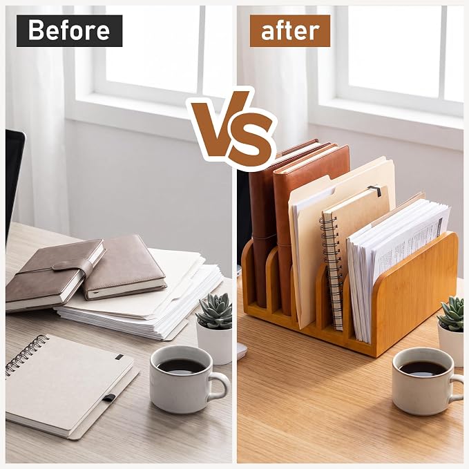 Lineshading Bamboo Letter Organizer, 5 Compartments Desk Mail Organizer - Image 5