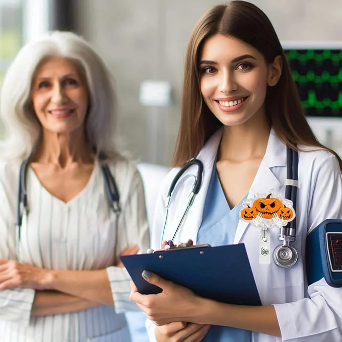 Halloween Pumpkin Badge Reel Cute Glitter Badge Holder Badge Clip Nurse Badge Reel Halloween Handbone Retractable Name Badge Name Tag Holder Nursing Student Social Worker Gift for Coworker-DeskLoop Office