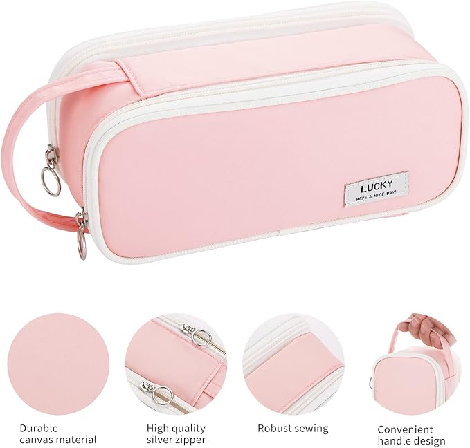 Dugio Big Pencil Case for Girls Teens Kids Zipper Pencil Pouch with Handle Organizer Pencil Bag Aesthetic Pencil Box for School Pink-DeskLoop Office