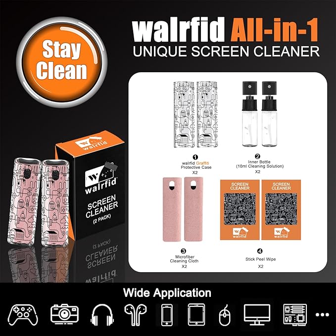 walrfid 2pcs Car Screen Cleaner, Computer Screen Cleaner Spray and Wipe, Laptop Cleaning Mist Kit for Electronic iPad, iPhone, Phone, MacBook, TV, Monitor, Tablet Display, with Graffiti Case, Pink-DeskLoop Office