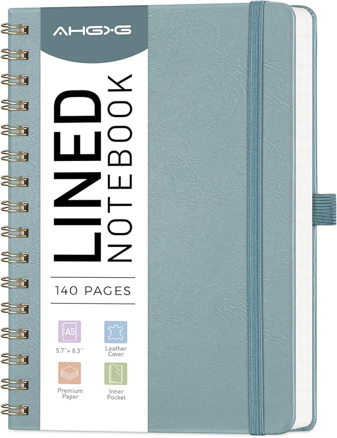 AHGXG Lined Spiral journaling notebooks With Numbered Pages, Hardcover Leather College Ruled Notebook 5.7" x 8.3" A5, light ivory Paper, Notebooks for School Work, Journals for Women,GrayBlue-DeskLoop Office