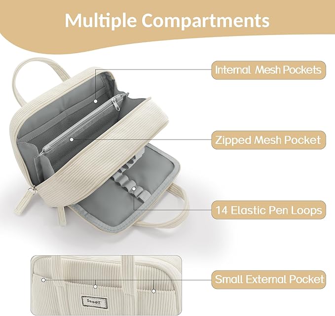 Sooez Large Pencil Case Pouch, Extra Big Pencil Bag with 5 Compartments, Pen Bag Wide Opening, Soft Corduroy Pencil Organizer with Zipper, Cute Aesthetic School Supplies for Teen Girls Light Pink-DeskLoop Office