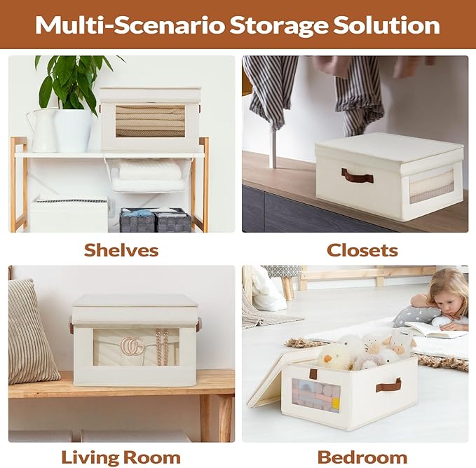 Fabric Storage Bins with Lids, Collapsible Closet Organizer with Sturdy Handles, Clear View Window, Stackable Storage Baskets for Clothes, Towels, Books, Hand Pull Closet Organizer Boxes-2-Pack, Beige-DeskLoop Office