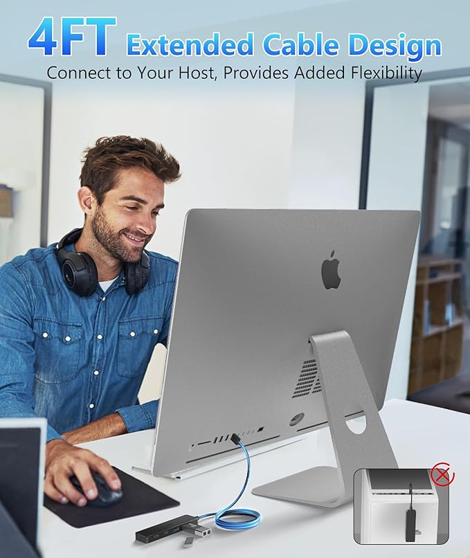 Aceele USB Hub 3.0 Splitter with 2 USB-C and 2 USB-A, 4 Ports Ultra-Slim Multiport Expander Adapter with 4ft Extension Long Cable Cord, USB Extender for Desktop, Computer, PC, Laptop, iMac and More-DeskLoop Office