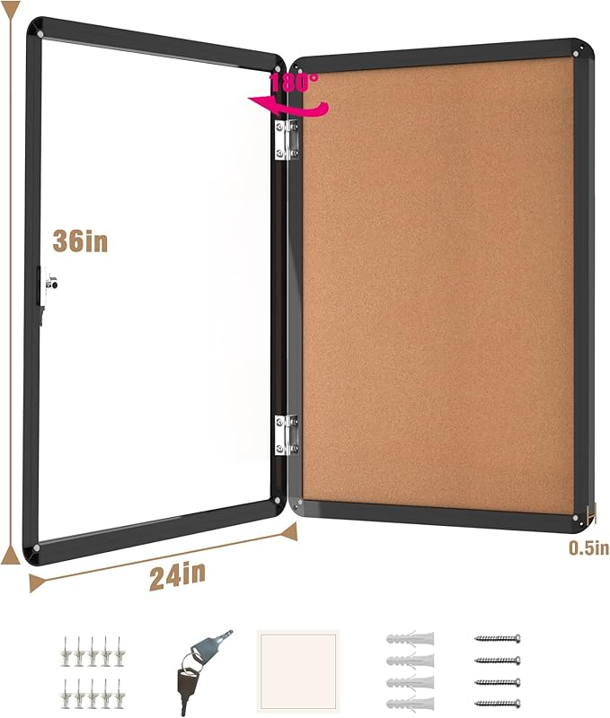 36"x24" Enclosed Bulletin Board, Lockable Weather-Resistant Aluminum Cork Noticeboard for School & Office, Black Frame w/Cork-DeskLoop Office