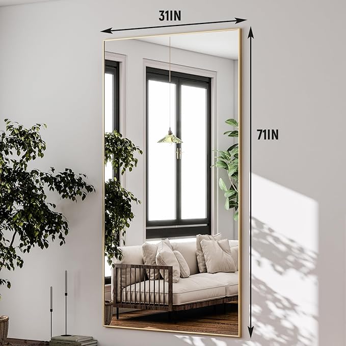 GLSLAND 71"x31" Full Length Mirror Extra Large Hanging or Leaning Rectangle Mirror Aluminum Alloy Thin Frame Bedroom Floor Dressing,Gold-DeskLoop Office