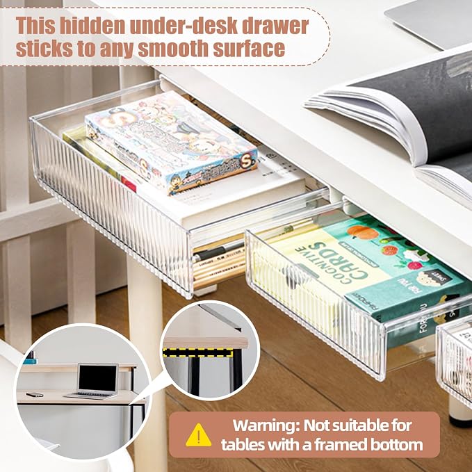 2Pcs Under Desk Storage Drawers Slide Out, Large&Medium, Stick On Drawers - Image 4