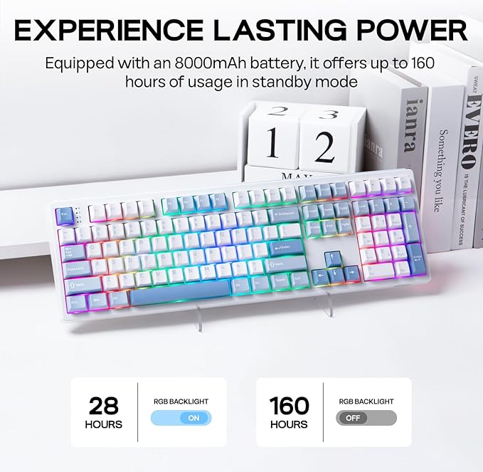 EPOMAKER TH108 Full Size Mechanical Keyboard, Wireless Gaming Keyboard with 8000mAh Battery, Creamy Gasket, 108 Keys, Hot Swap, Custom Driver, RGB Backlight (Blue&White, Creamy Jade)-DeskLoop Office