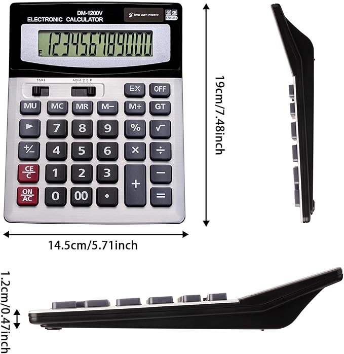 12 Digit Desktop Calculator with Large LCD Display and Sensitive Button, Dual Solar Power and Battery, Standard Function for Office (YE1200v)-DeskLoop Office