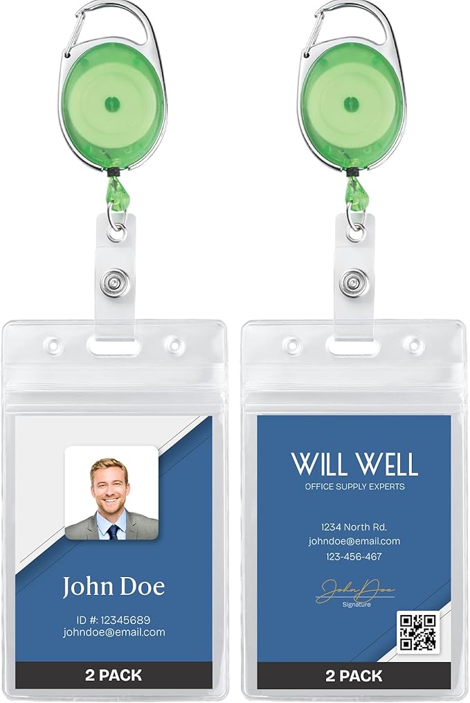 2 Pack ID Badge Holder with Clip – Transparent Green Badge Reels with ID by WillWell