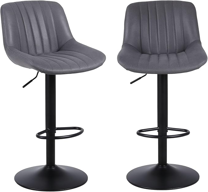 Bar Stools Set of 2, Swivel Counter Height Barstools with Back, Adjustable PU Leather Bar Chairs, Modern Armless Kitchen Island Stool, Dark Grey-DeskLoop Office