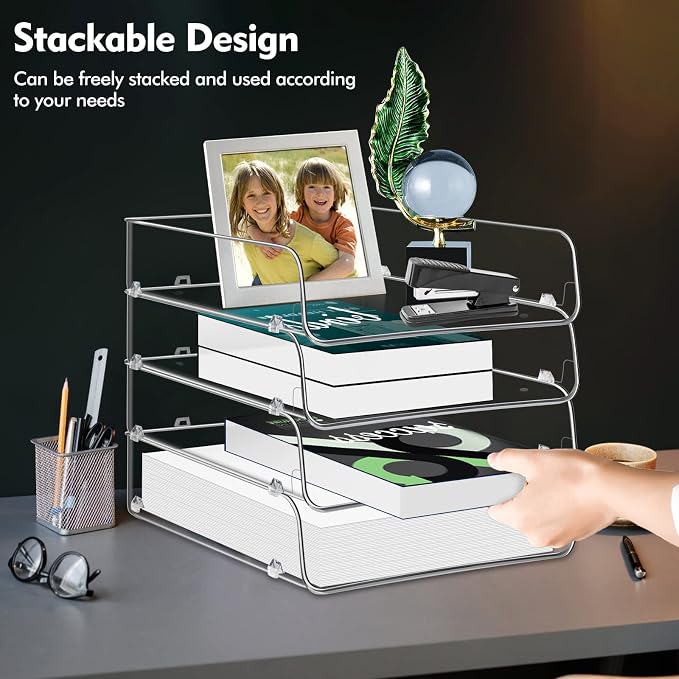 Lunmore Stackable Paper Trays, 4 Tier Desk File Organizer, Document Letter Tray - Image 2