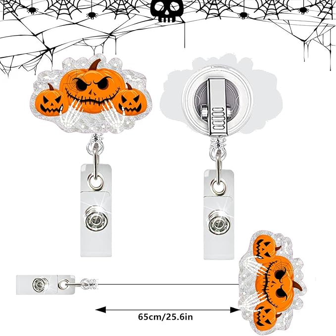 Halloween Pumpkin Badge Reel Cute Glitter Badge Holder Badge Clip Nurse Badge Reel Halloween Handbone Retractable Name Badge Name Tag Holder Nursing Student Social Worker Gift for Coworker-DeskLoop Office