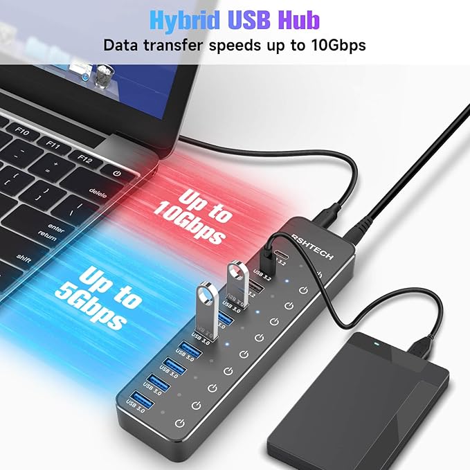 Powered USB Hub, RSHTECH 10-Port USB 3.2/USB C Hub 60W with 10Gbps USB-A 3.2, 2 USB-C 3.2, 7 USB 3.0 Ports, Individual Touch Switches and 3.3ft Cable, Hybrid USB Splitter for Laptop/PC, RSH-ST10C-DeskLoop Office