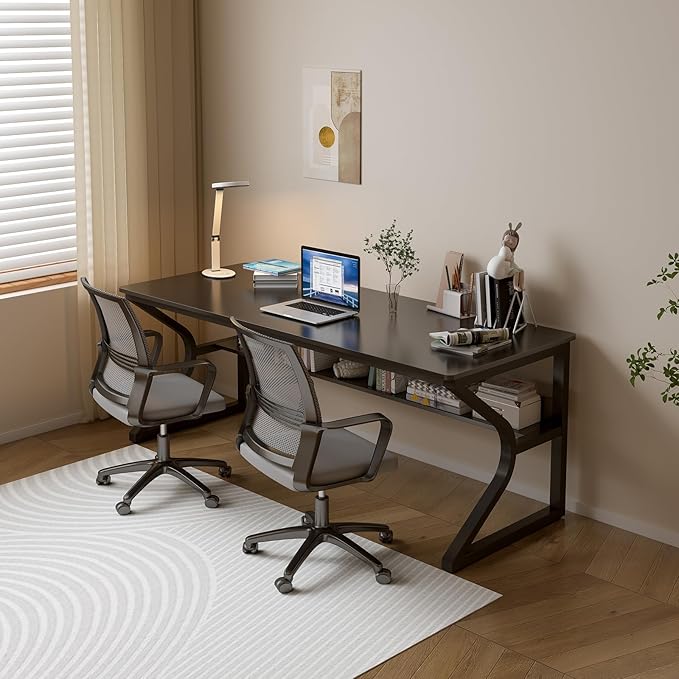 Extra Long Desk with Bookshelf - 63" Double Long Writing Table for 2-Person Workstation, Modern Study Work Computer Desk for Home and Office, Black-DeskLoop Office