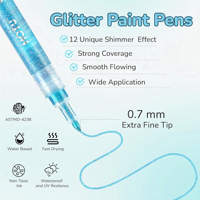HOTU Glitter Markers Pen，12 Glitter Colors Paint Pens Sparkly Metallic Shimmer - Image 4