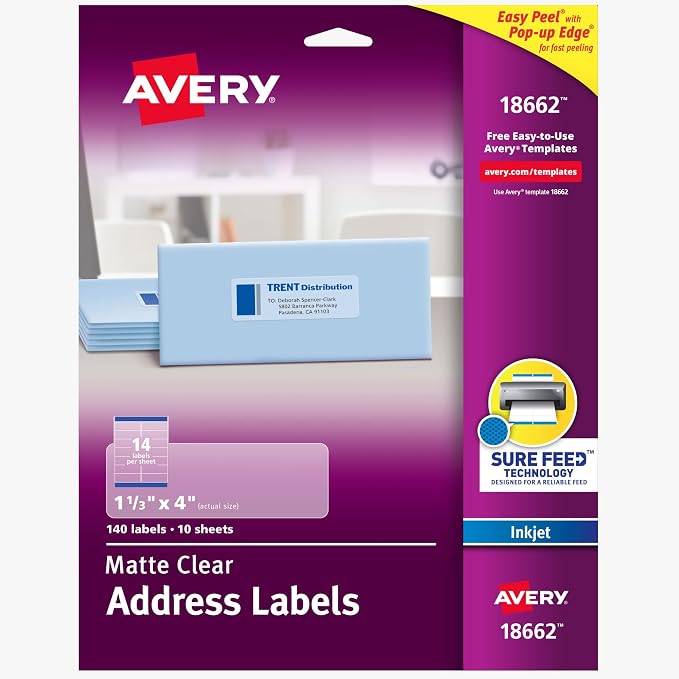 Avery Printable Address Labels, Sure Feed Technology, 1-1/3" x 4", Matte Clear by Avery