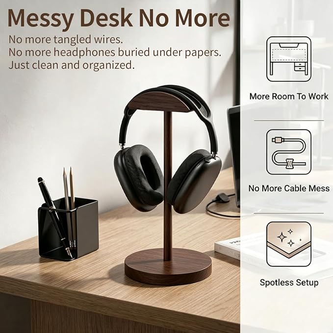 Headphone Stand Nature Wood Headset Hanger Mount Hook Gaming Holder Desktop - Image 3
