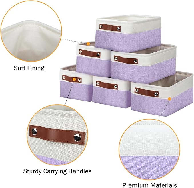 DULLEMELO Small Storage Baskets 6 Pack, Fabric Collapsible Gift Storage Baskets for Shelves, Closets, Nursery, Home, Office Organizing,Small Canvas Linen Rectangular Storage Bins (White&Purple)-DeskLoop Office