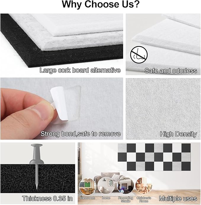 Large Cork Board for Walls 47" x 35" 12 Pack Black Bulletin Boards Felt Wall Tiles with Safe Removable Adhesive Corkboards for Office Home,White-DeskLoop Office