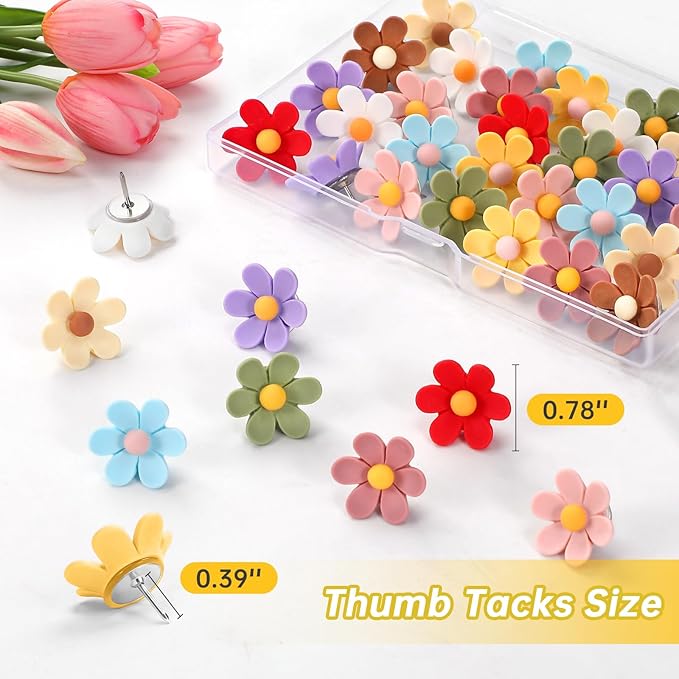 50Pcs Flower Push Pins, 10 Colors Cute Thumb Tacks, Decorative Push Pins - Image 2