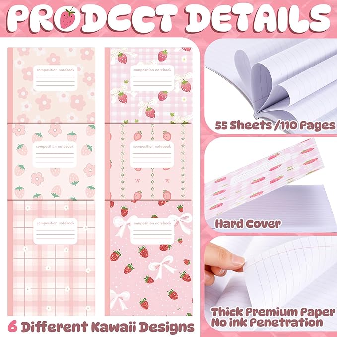 Harloon 6 Pack Composition Notebooks Wide Ruled Bulk Cute Pink Composition - Image 4