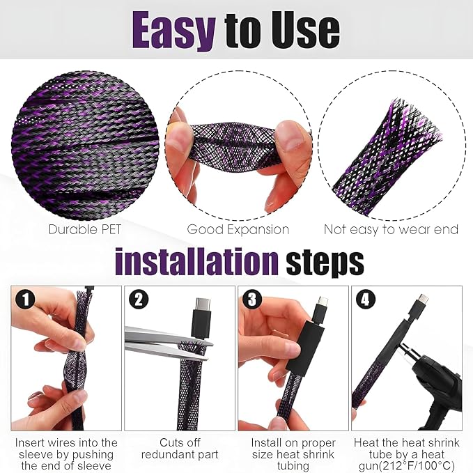 Tatuo 65.6 ft Expandable Braided Cable Sleeve Multi Size Braided Wire Sleeve - Image 3