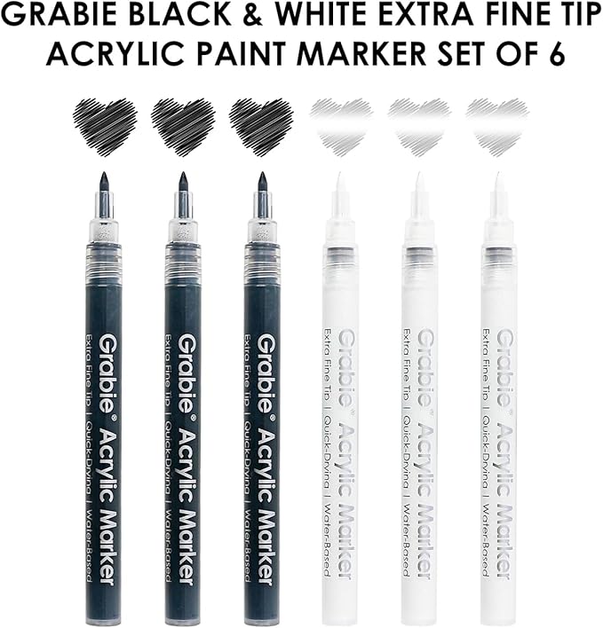 Grabie Black & White Extra Fine Tip Acrylic Paint Marker Set, 6 Pack, 0.7mm Acrylic Paint Pens for Highlights and Fine Details on Drawings, Rock Painting Glass Canvas Wood, White Highlight Markers-DeskLoop Office