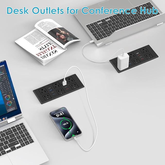30W Recessed Power Strip USB C, Desk Flush Mount Outlet Plug in 6 AC & 8 USB - Image 6