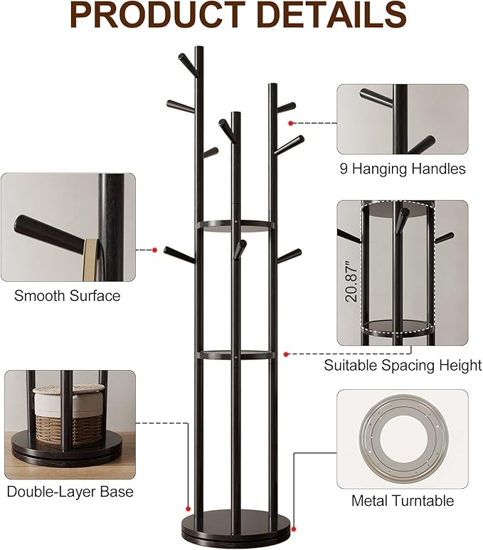 Solid Wood Rotary Coat Rack, Freestanding Coat Rack with 3 Shelves and 9 Hooks, Coat tree for Bedroom, Entryway, Livingroom, Coat Hanger Stand for Coats, Scarves, Handbags (Black)-DeskLoop Office
