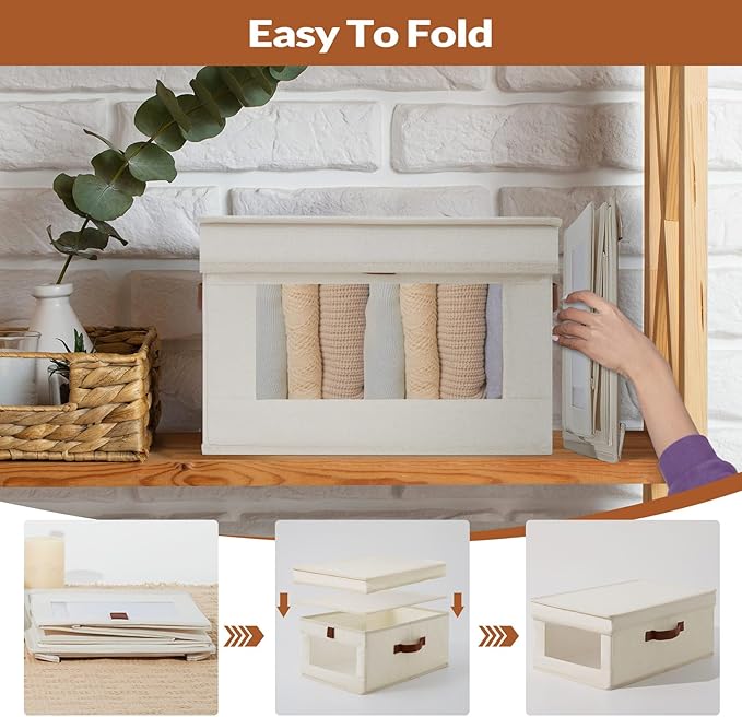 Fabric Storage Bins with Lids, Collapsible Closet Organizer with Sturdy Handles, Clear View Window, Stackable Storage Baskets for Clothes, Towels, Books, Hand Pull Closet Organizer Boxes-4-Pack, Beige-DeskLoop Office