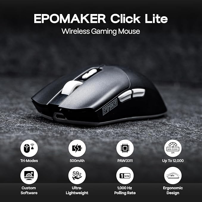 EPOMAKER Click Lite Wireless Gaming Mouse, 800 to 12,000 DPI Adjustable, PAW3311 Sensor, 500mAh, 59g, 2.4G/BT/USB-C Rechargeable Wireless Mouse with 5 Programmable Buttons for PC/Mac/Linux (Black)-DeskLoop Office