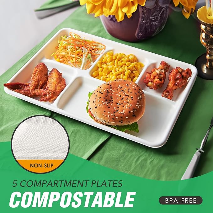 Gezond 100% Compostable 5 Compartment Plates 12.5 * 8.6 Inch, 100 Pack - Image 4