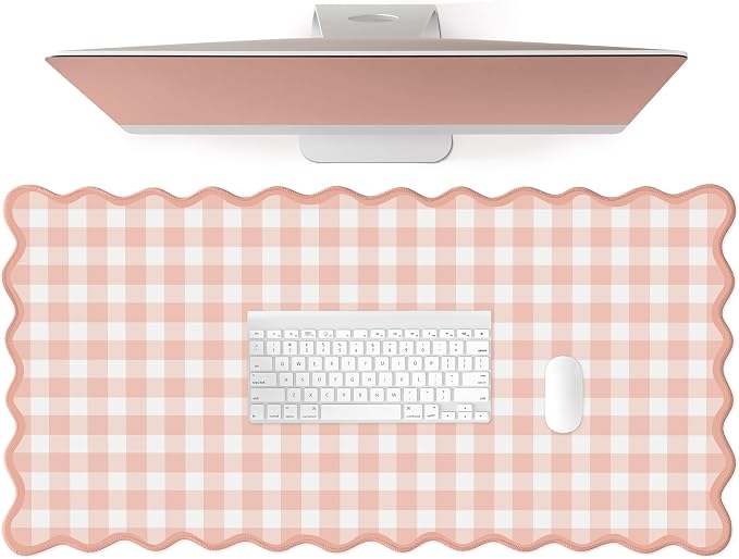Scalloped‌ Pink Checkered Gingham Desk Mat Cute Pastel Large Mouse Pad Kawaii by Unknown