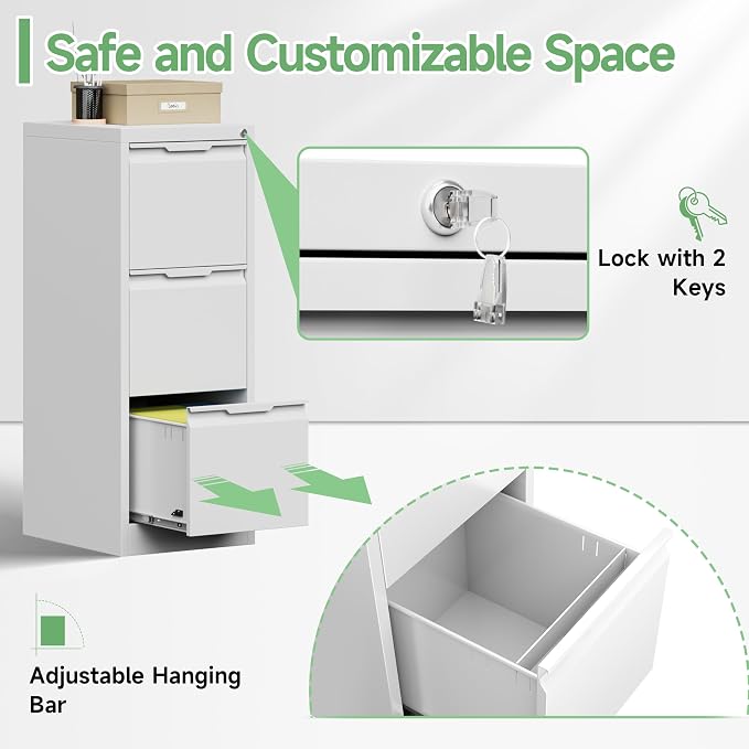 3-Drawer File Cabinet with Lock, Metal Vertical Filing Cabinets - Image 6