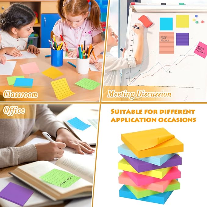 Yexiya 64 Pcs Lined Sticky Notes Self Stick Notes with Lines Bright Assorted Colors Sticky Pad for Home Office Products Post Memos, 1920 Sheets(4 x 6 Inch, 3 x 3 Inch,Stylish Color)-DeskLoop Office