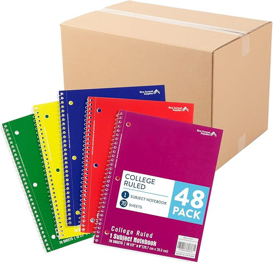 Blue Summit Spiral Notebooks Bulk, One Subject Spiral Notebook College Ruled, Perforated Notebook, 8 x 10.5 for Work and School, Paper, College Ruled, Bulk 48 Pack-DeskLoop Office