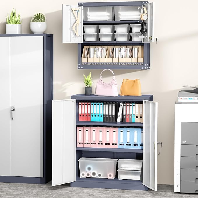 Greenvelly Metal Garage Storage Cabinet, Lockable Metal Cabinets with 2 Doors and Shelves,36”Steel Storage Locking Counter Cabinet for Office,Garage,Kitchen,Home,School(Grey White)-DeskLoop Office