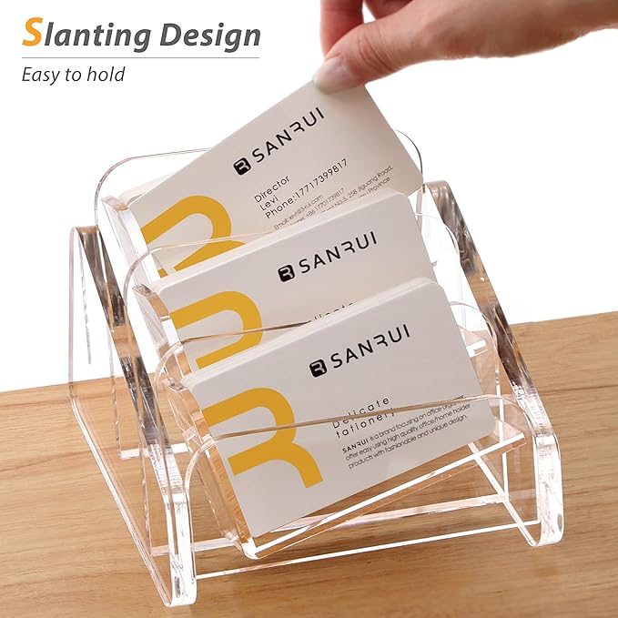 SANRUI Acrylic Business Card Holder for Desk, 3 Tier Clear Tilt Business Name Card Display Holders Stand Storage Organizer Fits 180 Business Cards (Horizontal, 3-Slot)-DeskLoop Office
