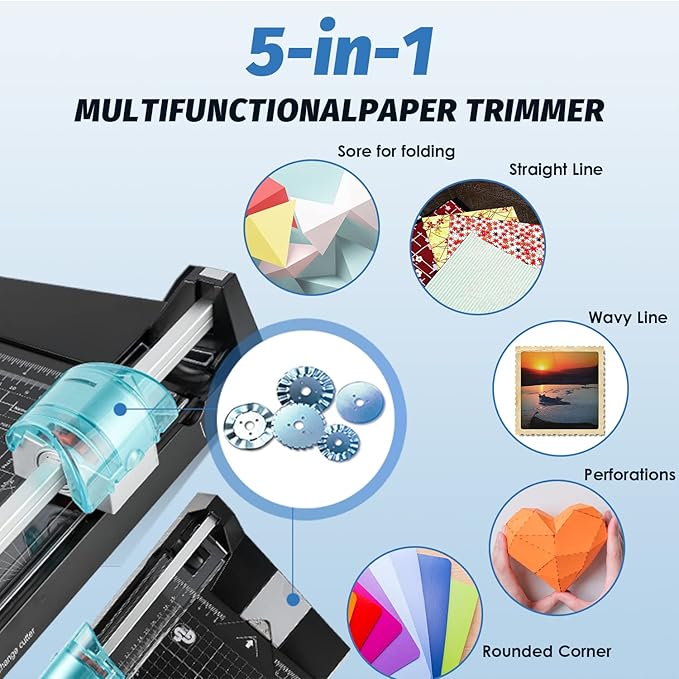 12 Inch Rotary Paper Cutter Heavy Duty, Paper Trimmer with 4 Different Blades for Straight/Wave/Dotted/Creasing Line, Suitable for Cutting Paper Coupons Photos Postcards Scrapbook-DeskLoop Office