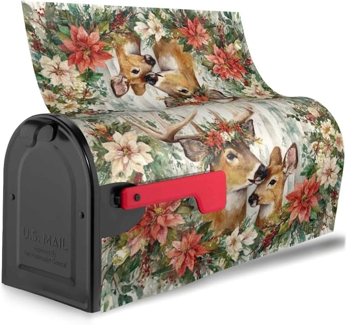 Xmas Deer Flowers Welcome Magnetic Mailbox Cover, Christmas Mailbox Wrap - Image 3