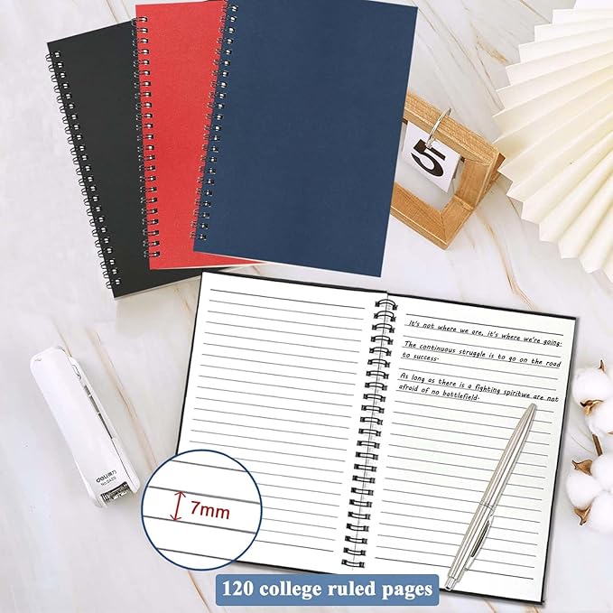 GINMLYDA 3Pack Small Spiral Notebook A5, 8.25x5.5” 120 Lined Pages Wide Ruled Spiral Journal Bulk Blank Kraft Cover Spiral Bound Notebook & Writing Pads for Home Office Meeting Work Note Taking-DeskLoop Office