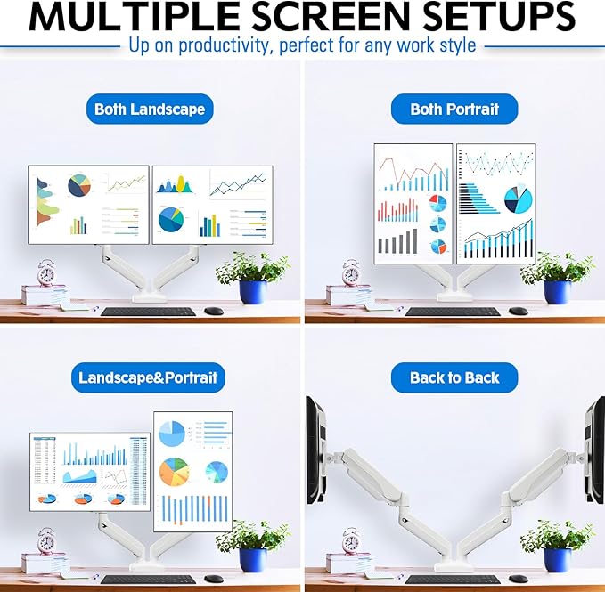 MOUNTUP Dual Monitor Stand for Desk, Pneumatic Monitor Arms for 2 Monitors Max 32 Inches, Height Adjustable Double Monitor Mount, VESA Mounts with C-Clamp & Grommet Base, Holds 4.4-17.6lbs, White-DeskLoop Office