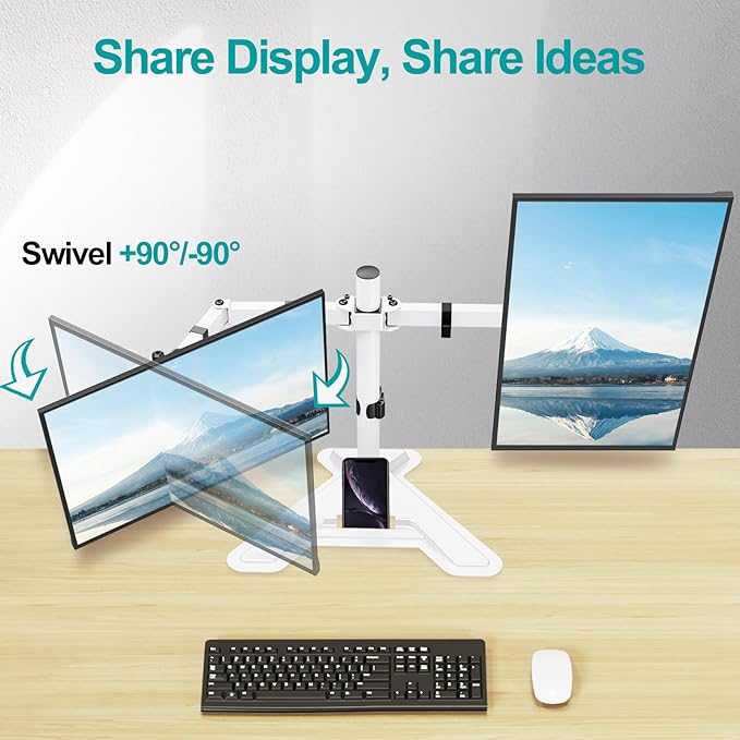 MOUNT PRO Dual Monitor Stand, Free-Standing Full Motion Monitor Desk Mount Fits 2 Screens up to 27 inches,17.6lbs with Height Adjustable, Swivel, Tilt, Rotation, VESA 75x75 100x100,White-DeskLoop Office